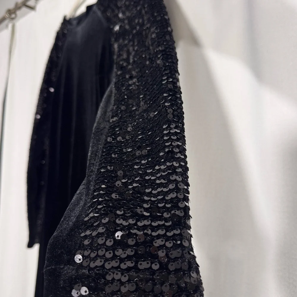 Vintage Black Velvet Sequin Panel Long Sleeve Dress
